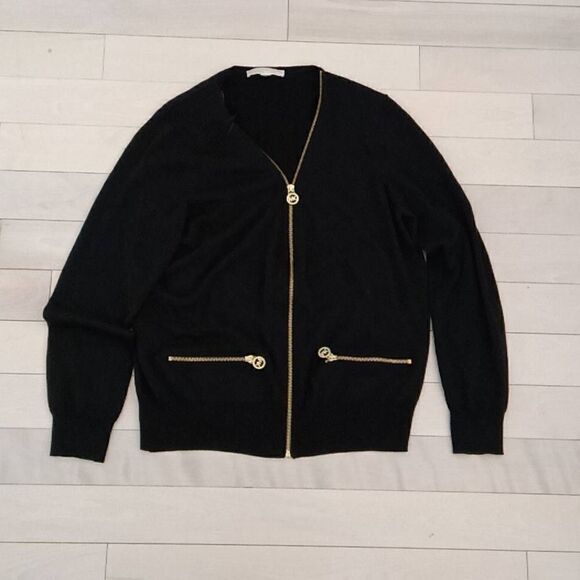 Michael Kors Women's Long Sleeves MK Logo Zip Black Cardigan Sweater Size 1 (XS) - Picture 1 of 6